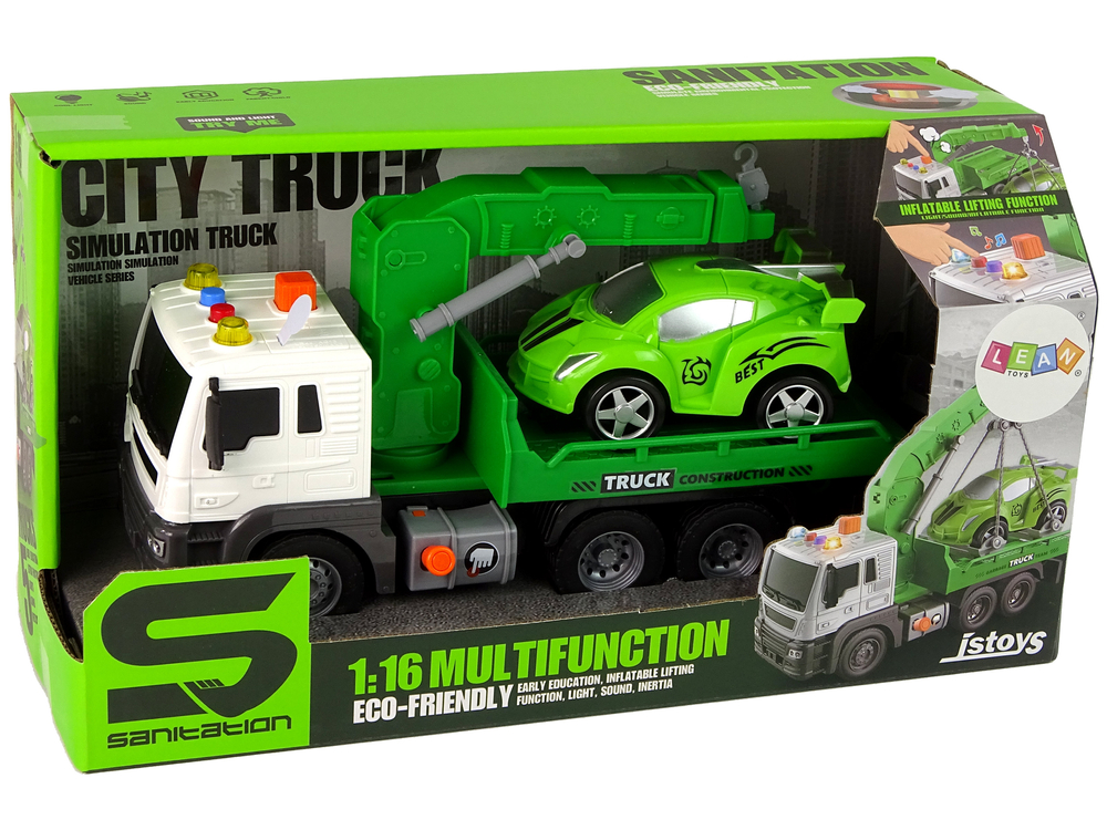 Car Transporter Roadside Assistance Tow Truck 1:16 Green Sound Lights