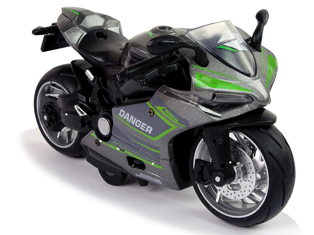 Sports Motorcycle Grey Green Stripes 1:12 Pull-Back Drive Sound Lights