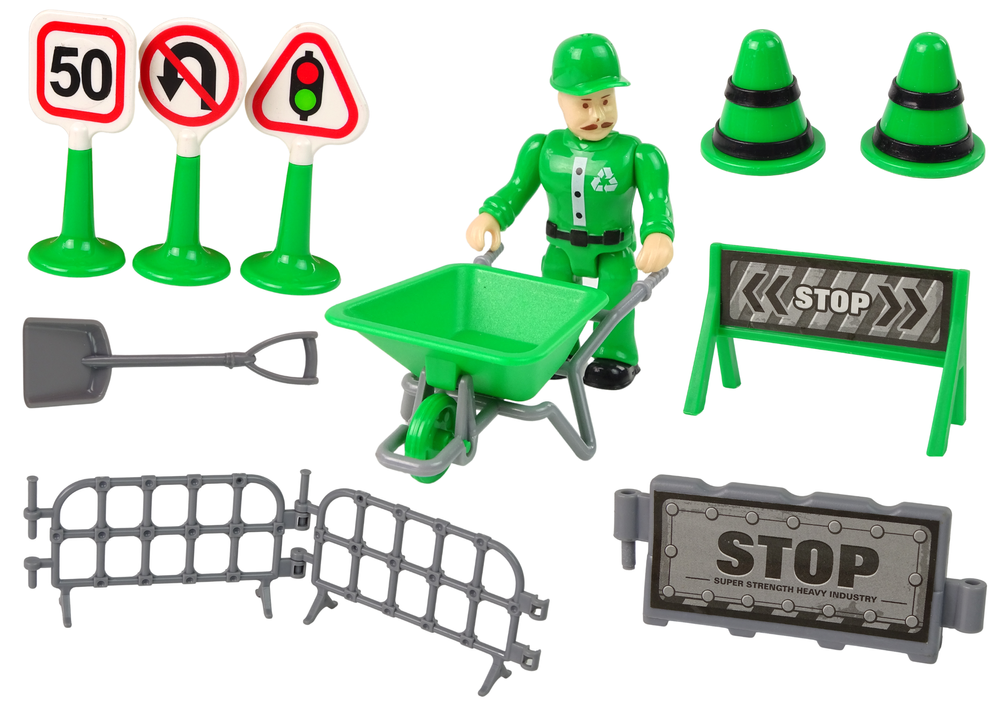 Rubbish Truck Set Road Signs Green Garbage Truck