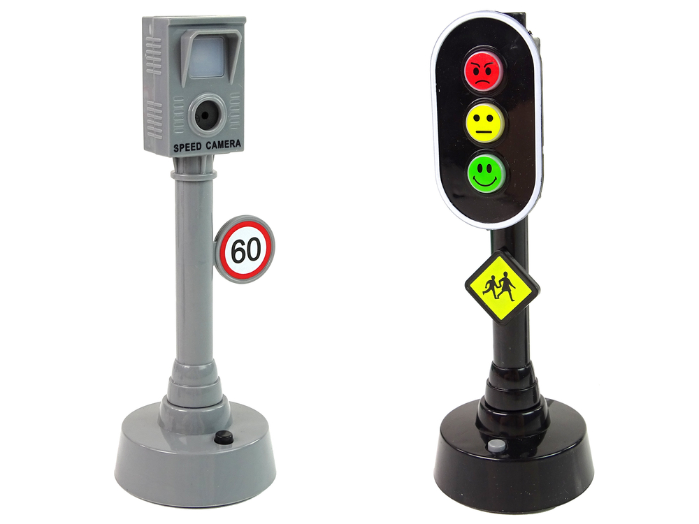 Set of Cars with Traffic Lights and Road Signs