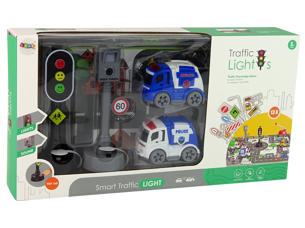 Set of Cars with Traffic Lights and Road Signs