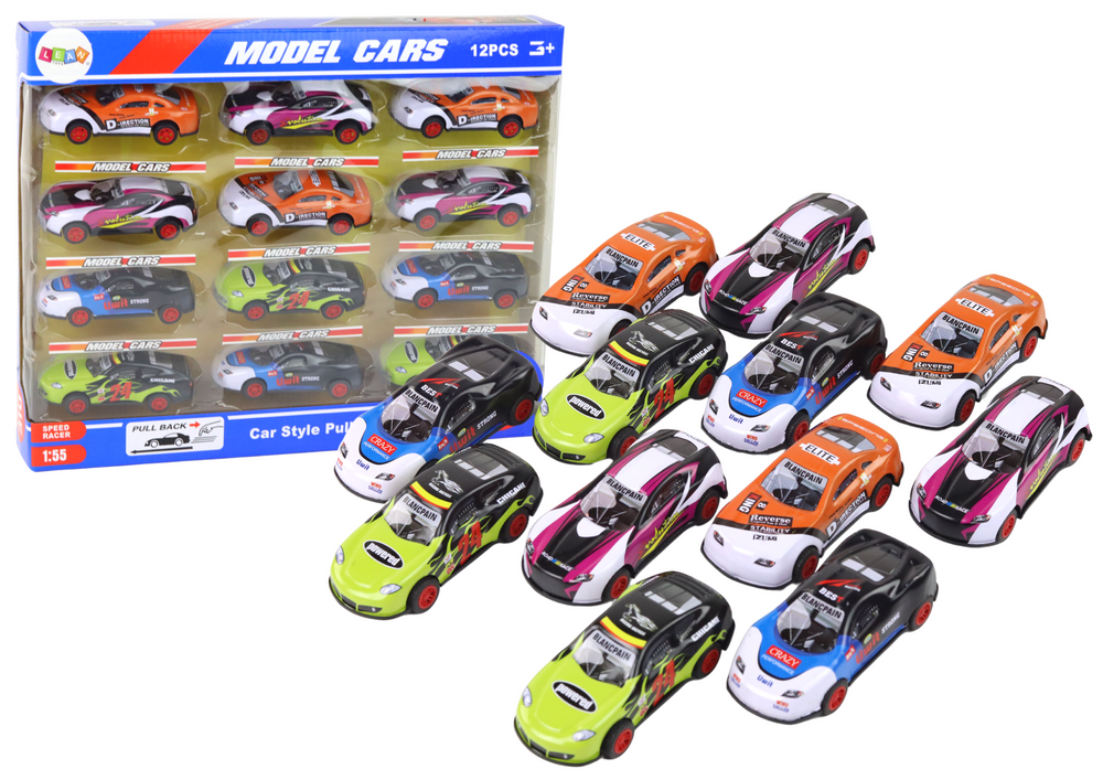 Set of Sports Cars 1:55 With Friction Drive, 12 Colorful Pieces