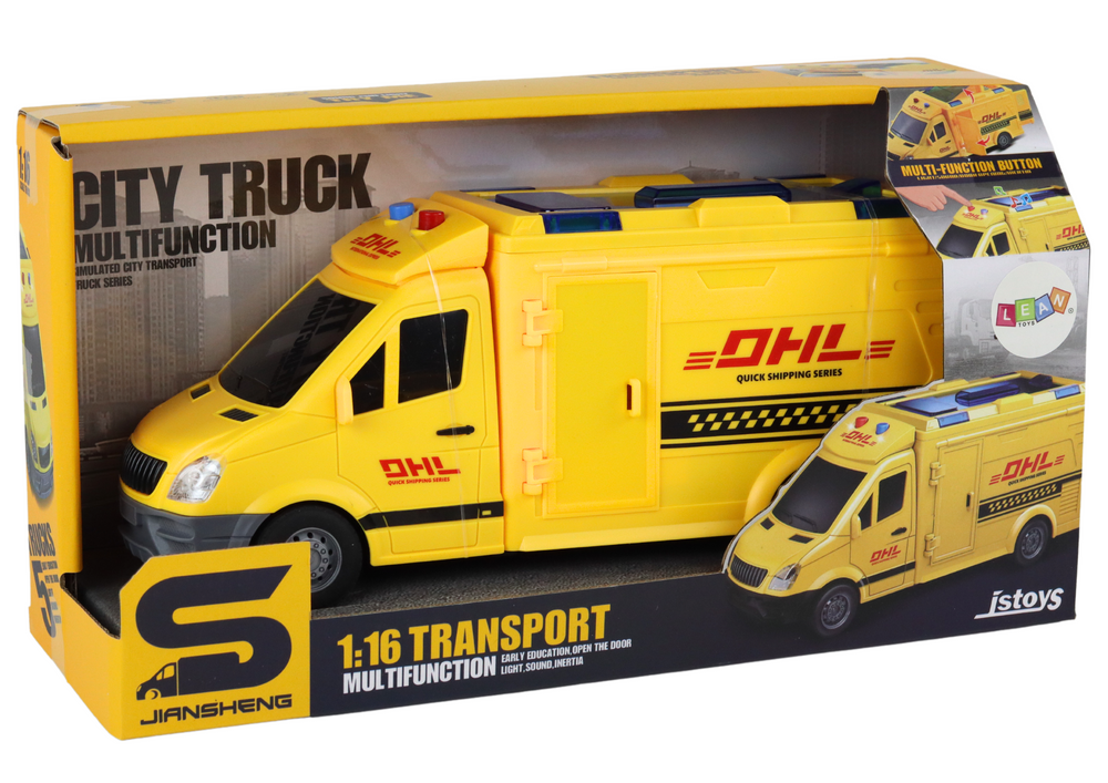 Delivery Car 1:16 Friction Drive Opening Doors Lights Yellow Sounds