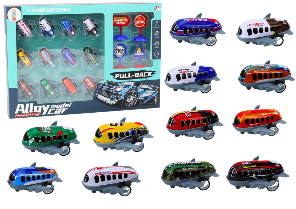 Set of 12 Toy Cars, Powered Planes, 5cm road signs