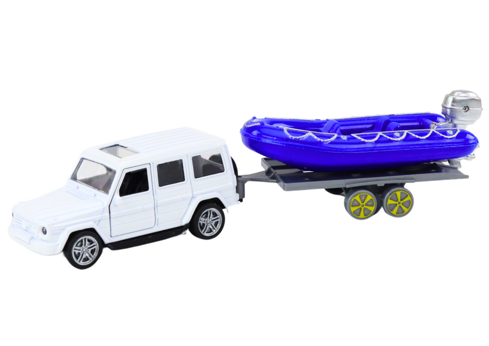 Off-road car with trailer and motorboat, white blue