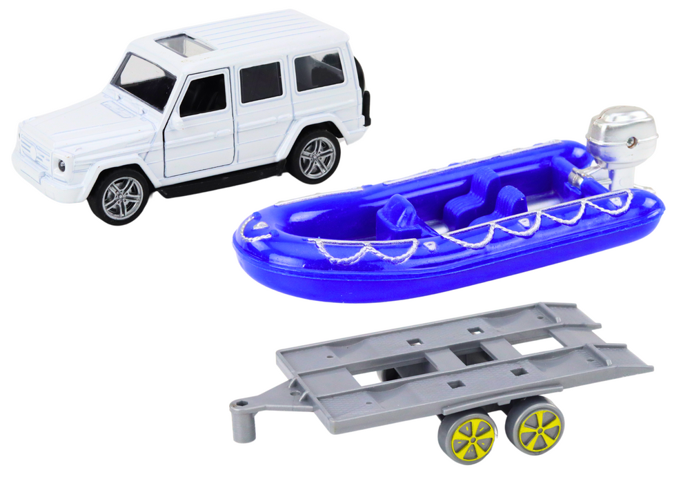 Off-road car with trailer and motorboat, white blue