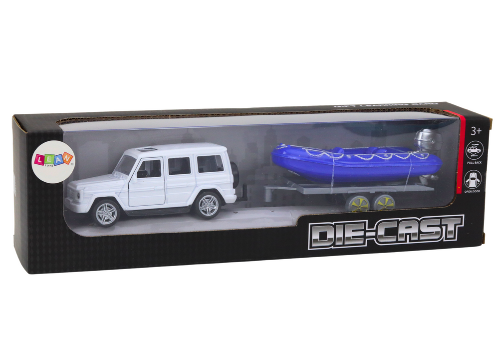 Off-road car with trailer and motorboat, white blue