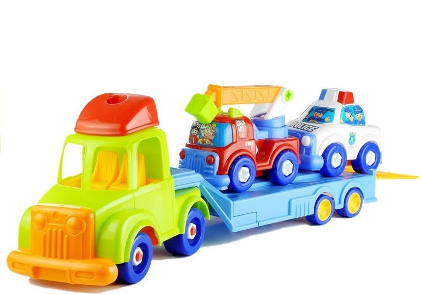 Set of vehicles Police Fire Engine Auto Transport Trailer Unscrewing