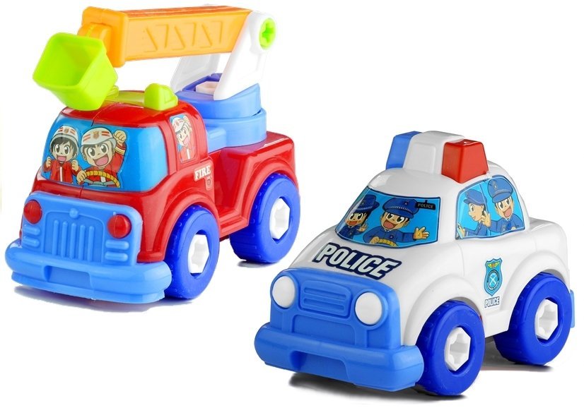 Set of vehicles Police Fire Engine Auto Transport Trailer Unscrewing