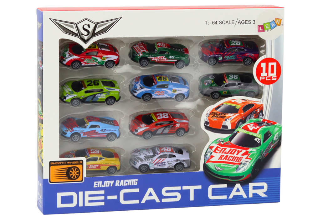 Set of Toy Cars, Spring Springs, Sports Racing Cars 1:64, 10 pcs.