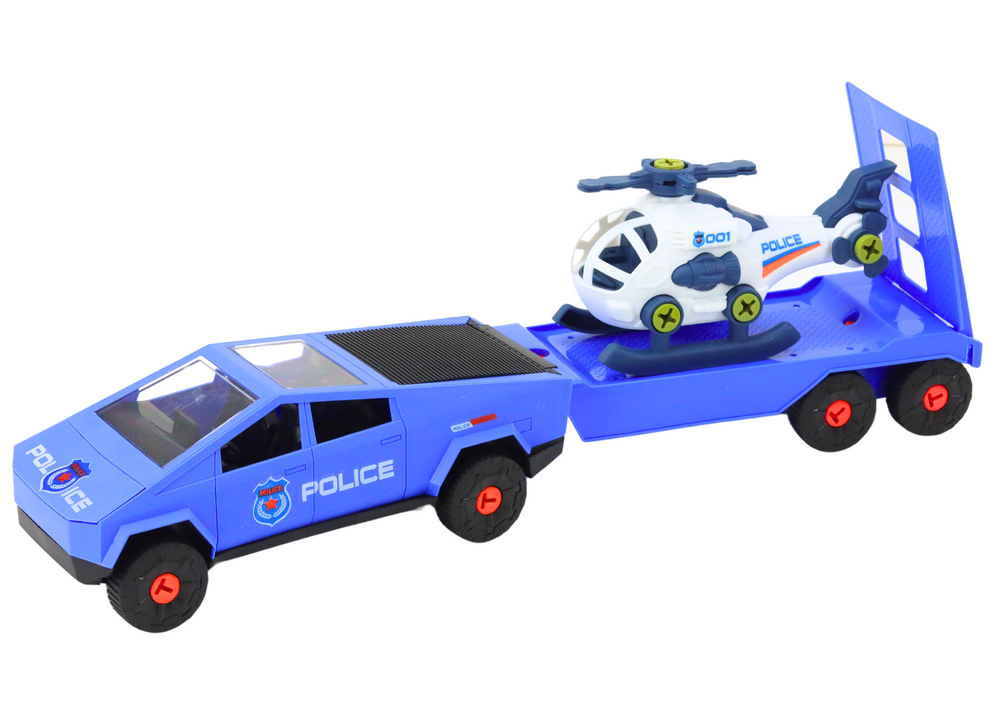 Modern Car Set with a Helicopter and a Tow Truck for Dismantling DIY Blue