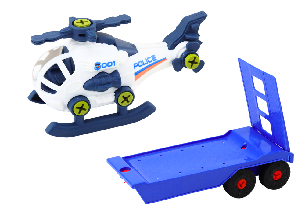 Modern Car Set with a Helicopter and a Tow Truck for Dismantling DIY Blue