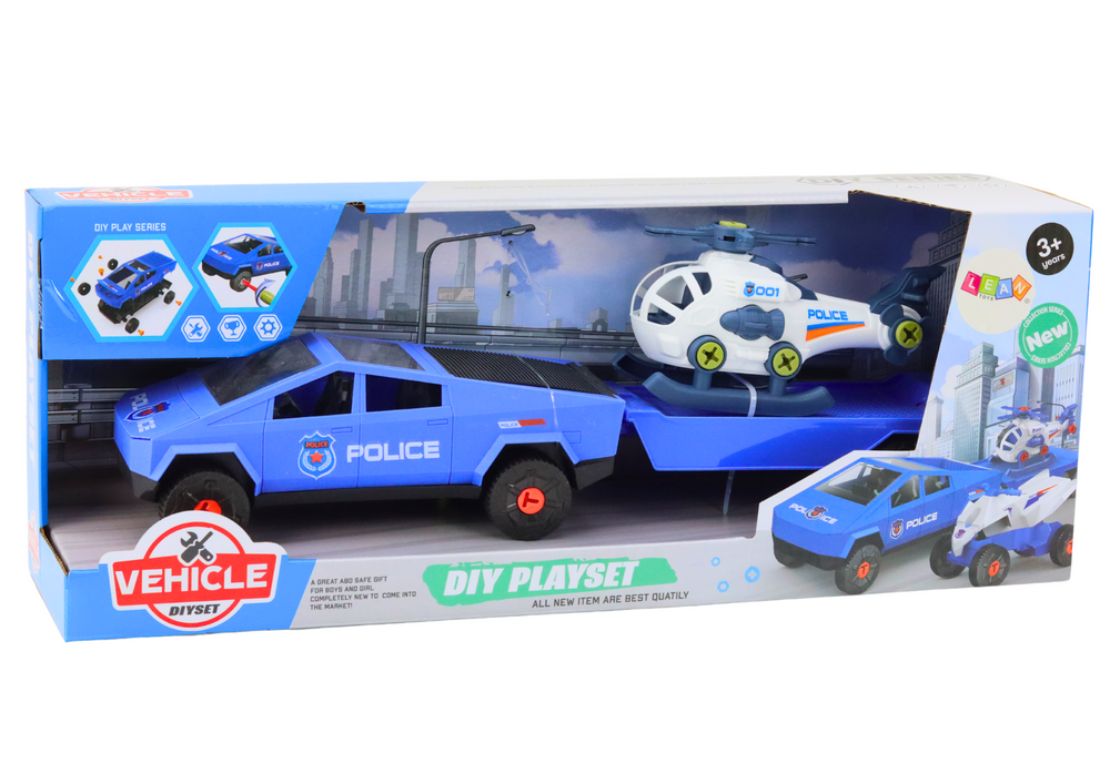 Modern Car Set with a Helicopter and a Tow Truck for Dismantling DIY Blue