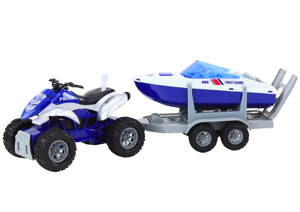 Police Quad with a trailer for transporting a boat and a motorboat