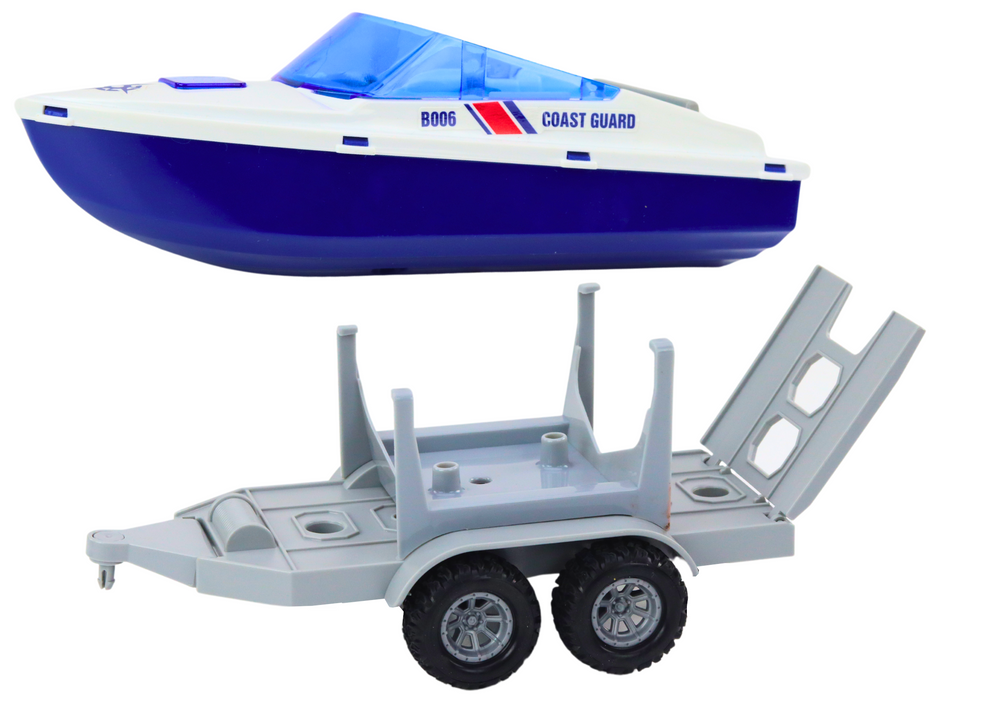 Police Quad with a trailer for transporting a boat and a motorboat