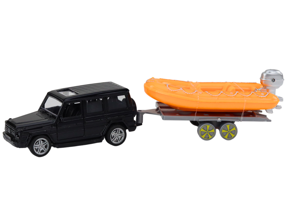 Black Off-Road Car with Trailer Orange Boat