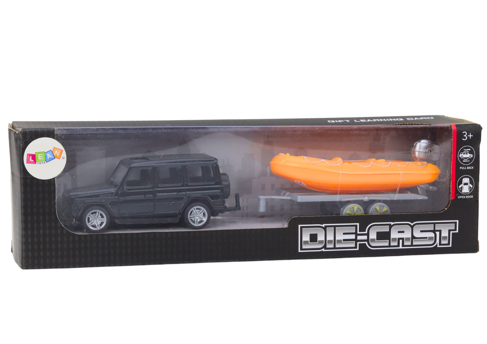 Black Off-Road Car with Trailer Orange Boat