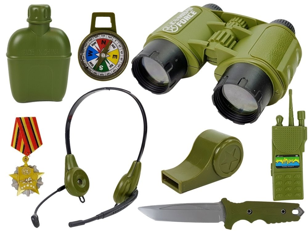 Army Set with Accessories Gun Knife Binoculars Headphones Whistle Shortwave Radio