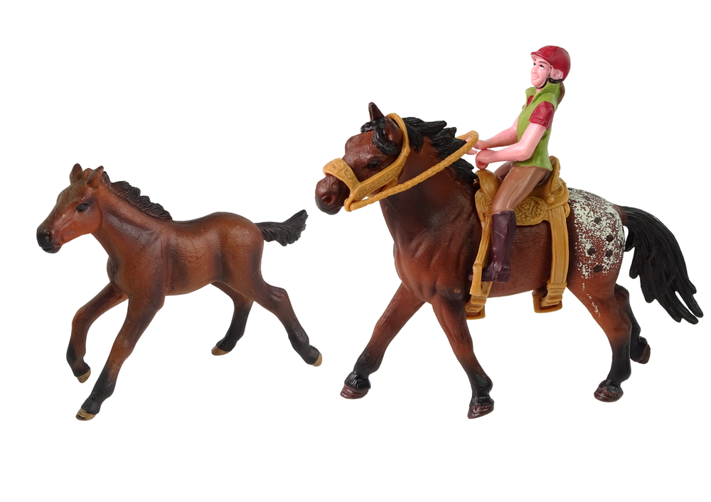 Set of 2 figurines Horse and foal in a corral + Rider