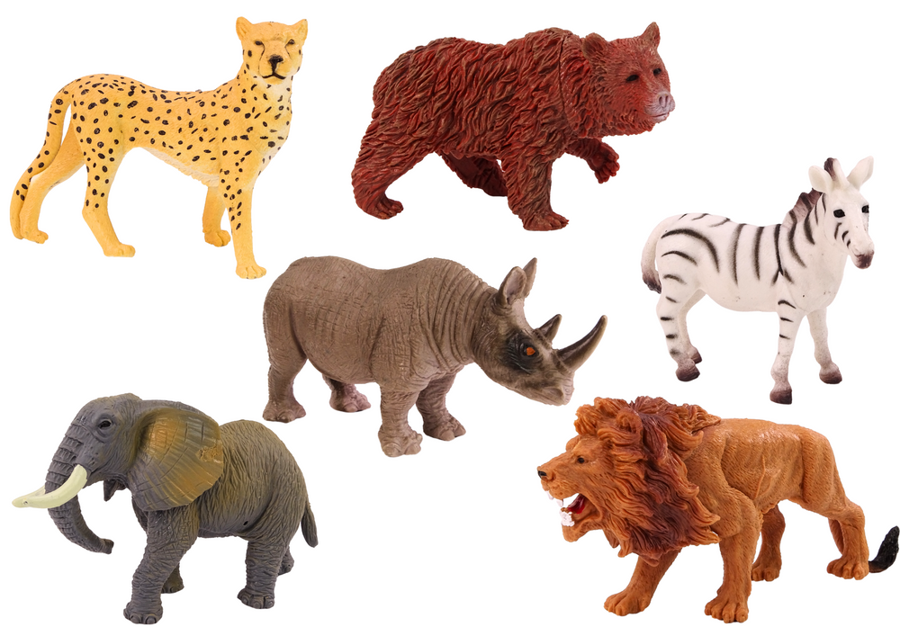 Set of 6 Wild Animal Figurines, Elephant, Lion, Rhinoceros