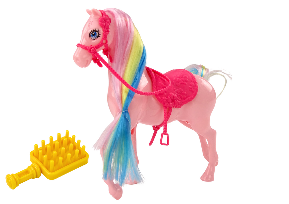 Figurine Horse With Colorful Mane and Pink Brush Saddle