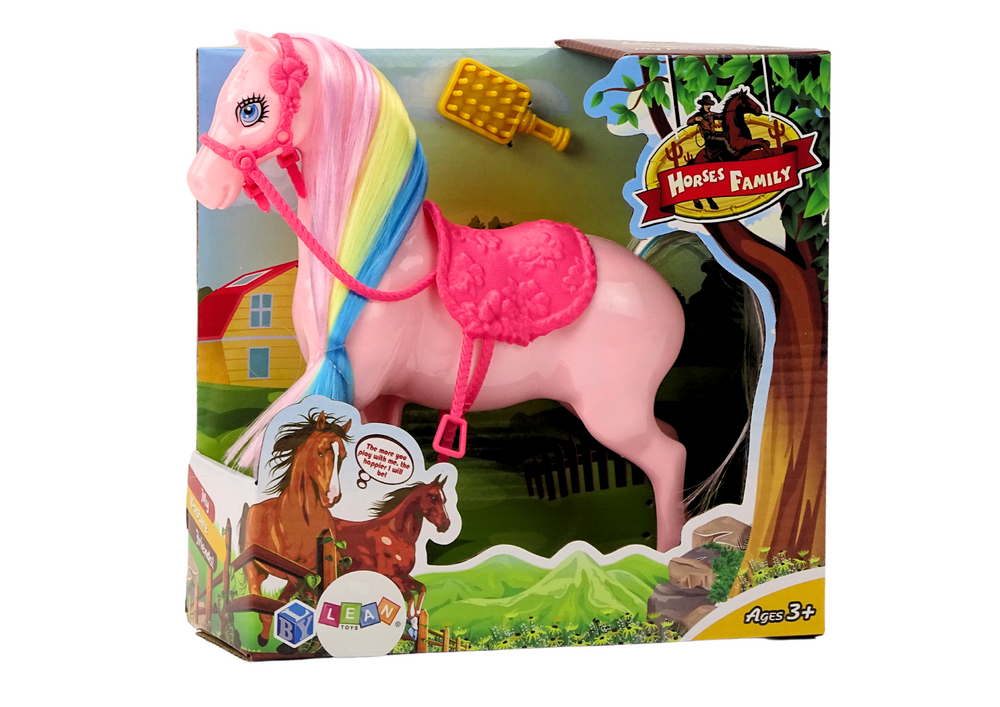 Figurine Horse With Colorful Mane and Pink Brush Saddle