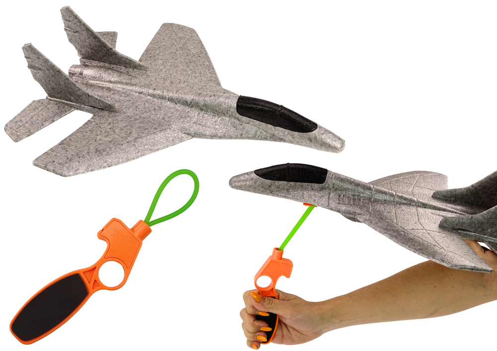 Styrofoam Fighter Plane With Slingshot Launcher Gray