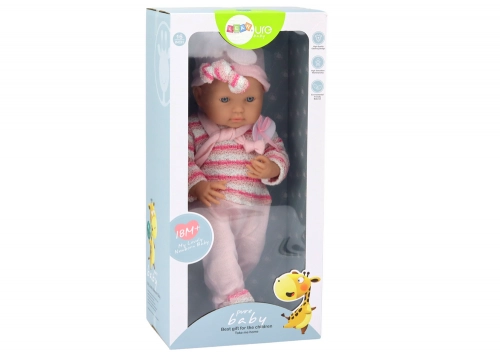 Baby doll, striped sweater, hat, scarf, pink