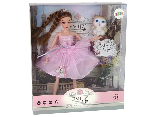 Bērnu lelle Emily ar bizītēm, kaķēnu un ziediem