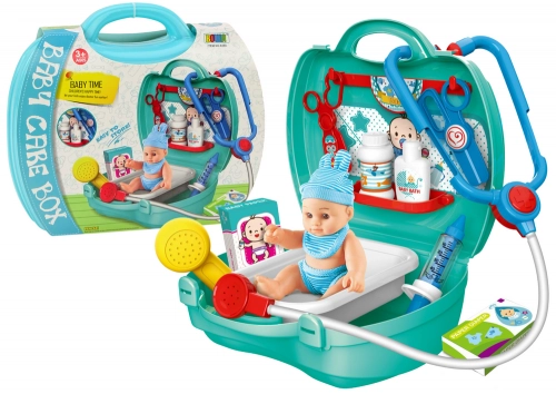Children's Doctor Set with Doll Accessories Green Suitcase