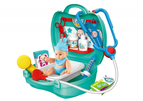 Children's Doctor Set with Doll Accessories Green Suitcase
