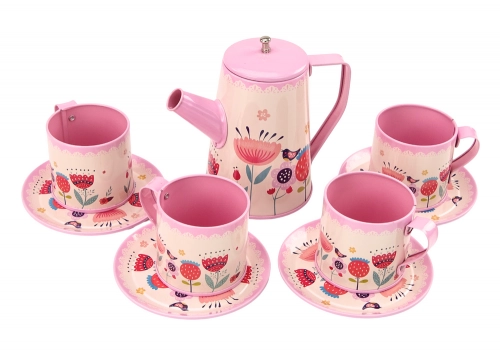 Coffee Tea Set Cups Kettle Tray Pink Cafe 12 pcs.