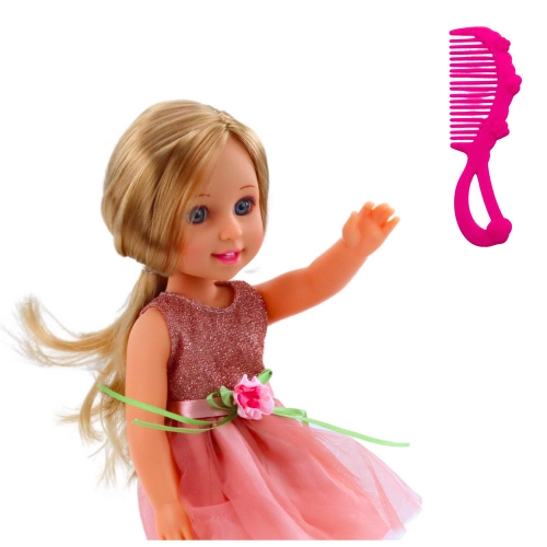Doll in a Dress with a Bow, Long Hair, Pink, Comb, 38cm
