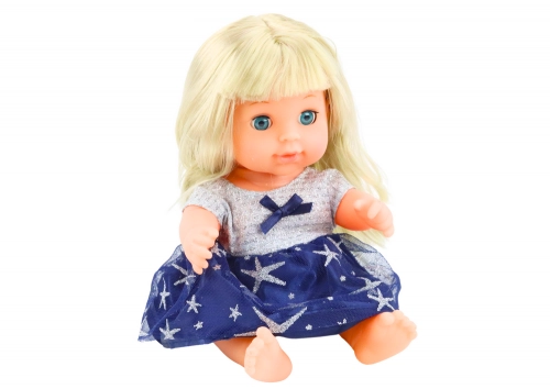 Doll In Navy Blue Dress Peeing Bottle Rattle Sounds