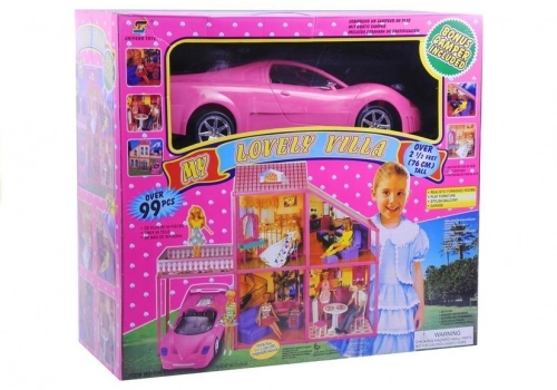 Folded Large Villa for Dolls 76 cm + Pink Car + Accessories