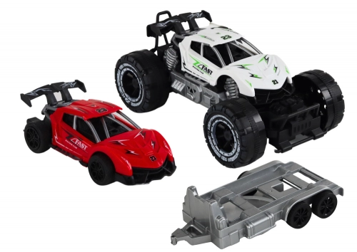 Set: White Off-Road Car, Red Sports Car, Tow Truck