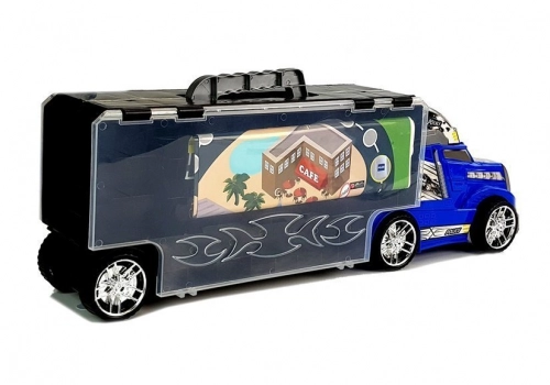 Truck with cars. Police. Garage. Suitcase. Game board