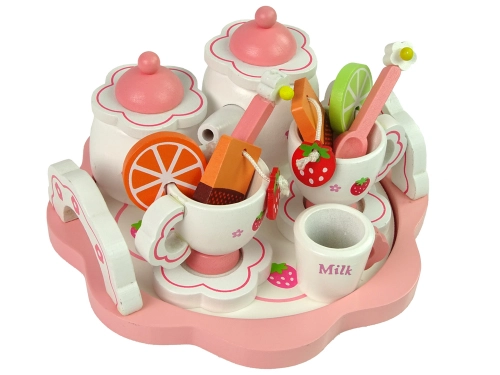 Wooden Tea Set Pink Flowers Pitcher Tray