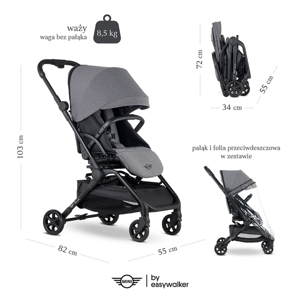 Mini by Easywalker Buggy Turn Kompaktowy Wózek Spacerowy z Obrotowym Siedziskiem 360 Soho Grey