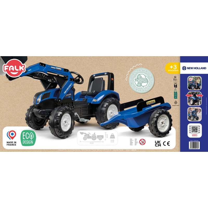 Трактор с педалями с ковшом и прицепом FALK New Holland Blue