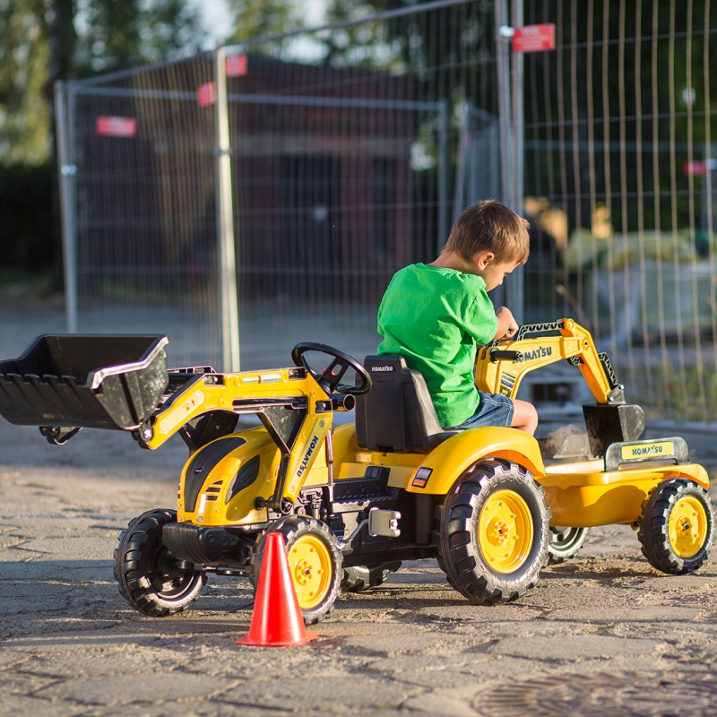 Traktors ar pedāļiem ar kausu un piekabi FALK KOMATSU Yellow