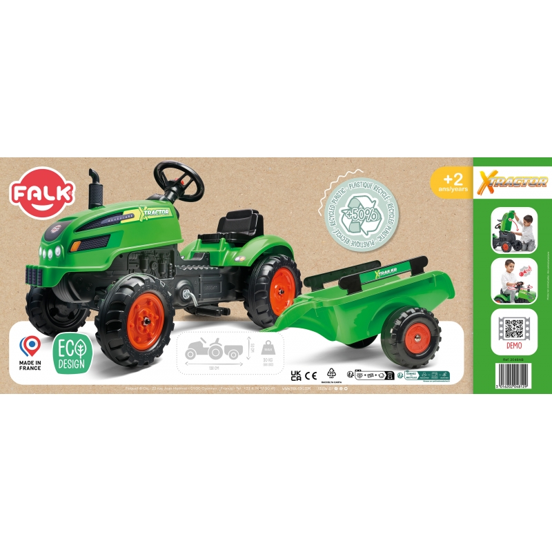 FALK Traktorek X Tractor Zielony z Przyczepką Klakson od 2 Lat