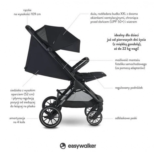 Easywalker Jackey XL Samoskładający się Wózek Spacerowy z Kołami XL Shadow Black
