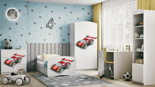 Детская кровать белая Racing Car с ящиком и латексным матрасом 160x80