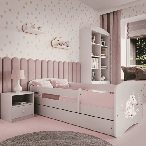 Łóżko babydreams białe konik z szufladą materac 140/70