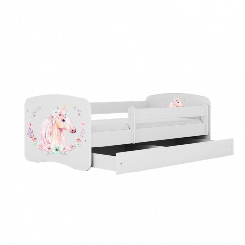 Łóżko babydreams białe konik z szufladą materac 140/70