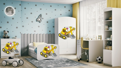 Bērnu gulta balta Excavator ar atvilktni un matraci 140x70