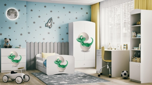 Gulta balta Little Dino ar kokosriekstu matraci bez atvilktnes 180x80