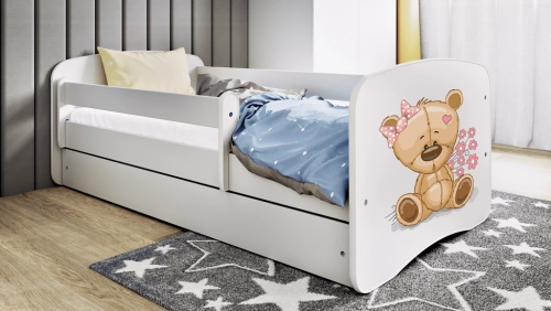 Bērnu gulta balta Bear Flowers ar atvilktni un lateksa matraci 160x80