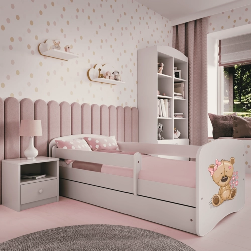 Bērnu gulta balta Bear Flowers ar atvilktni un lateksa matraci 160x80